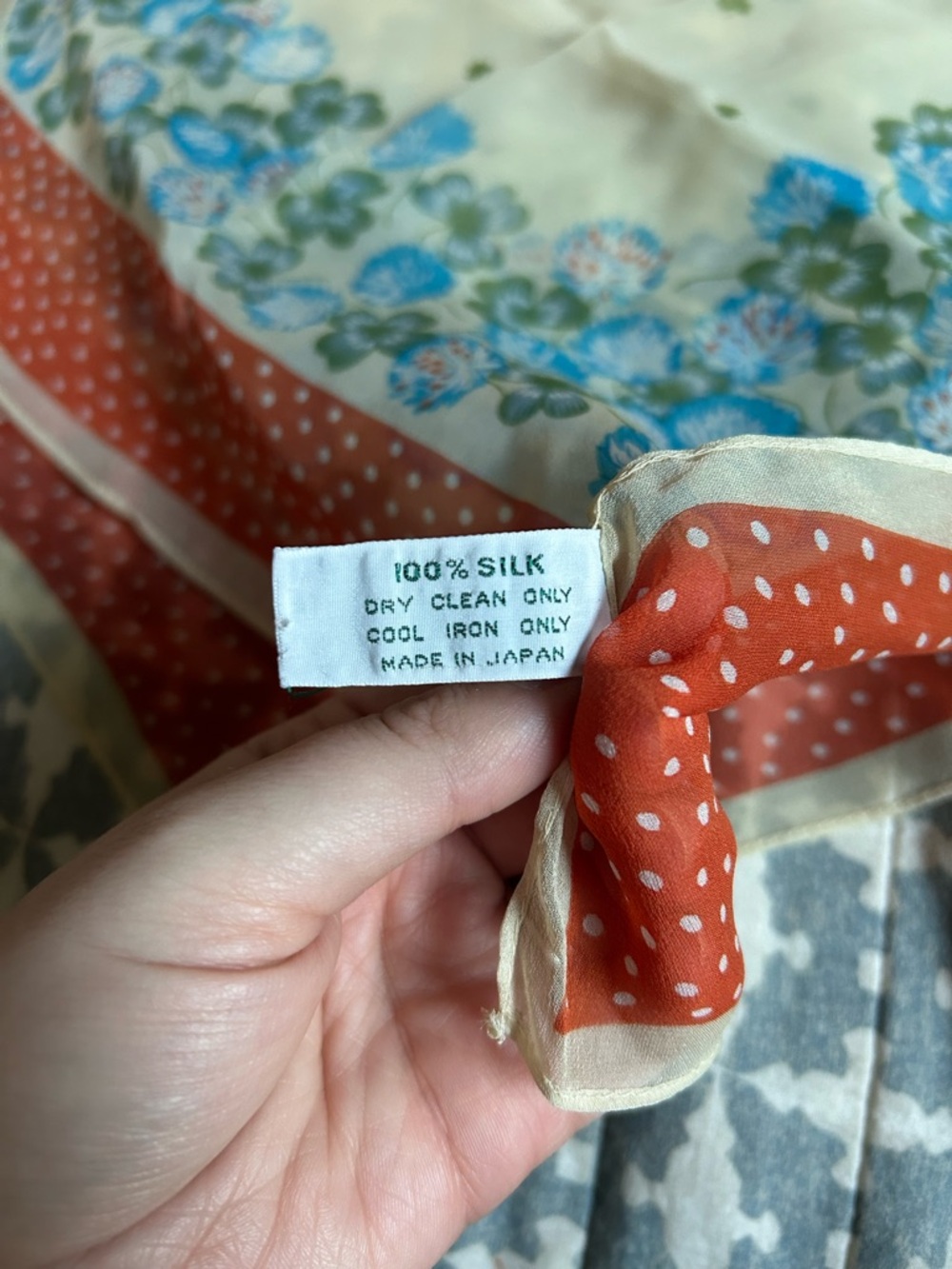 Vintage Country Road Blue Floral, Clover & Red Polka Dot Silk Scarf - Picture 3 of 5